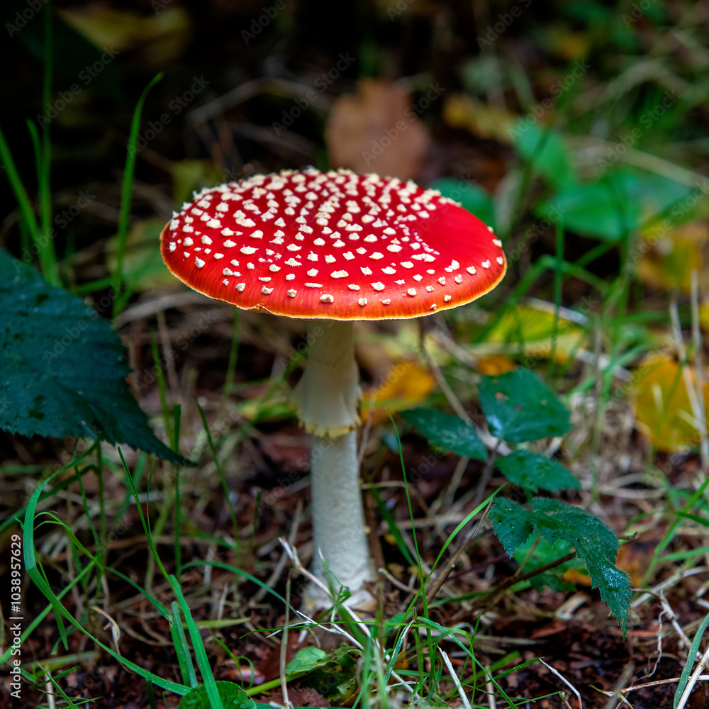 Fly agaric or amanita (Amanita muscaria) mushroom in autumn, Koekelare Forest, Bruges Region, Belgium.