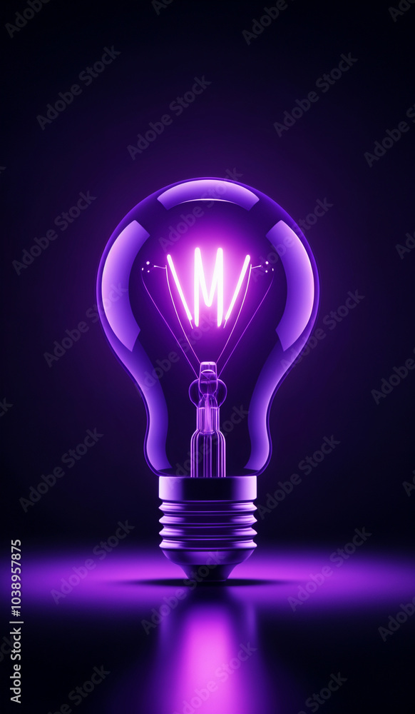 Purple holographic glowing lightbulb with copy space.