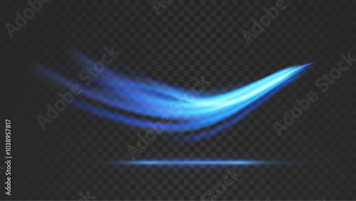Blue asteroid-like soft speed transparent wave background. Magical swooshing comet tail light pattern over black. Mild gradient streak. Vector illustration