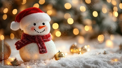 Snowman donning a Santa hat in a snowy, pastel background with shimmering Christmas lights.