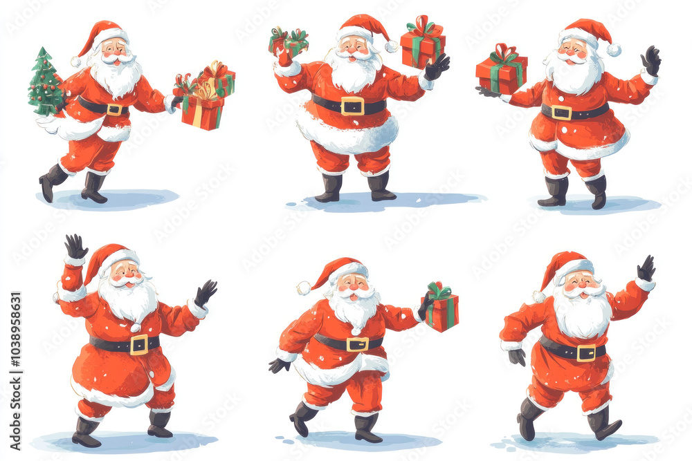 Fototapeta premium Santa Claus surrounded by colorful gifts, sitting in a cozy armchair by a glowing fireplace on Christmas Eve.