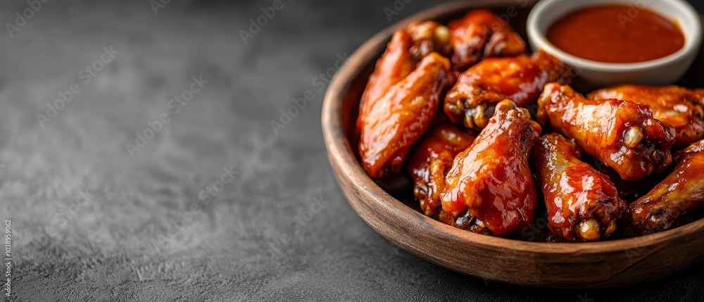 Close-up shot of a plate of BBQ chicken wings with sauce on a dark background. Close-up shot of a plate of BBQ chicken wings with sauce on a dark background.