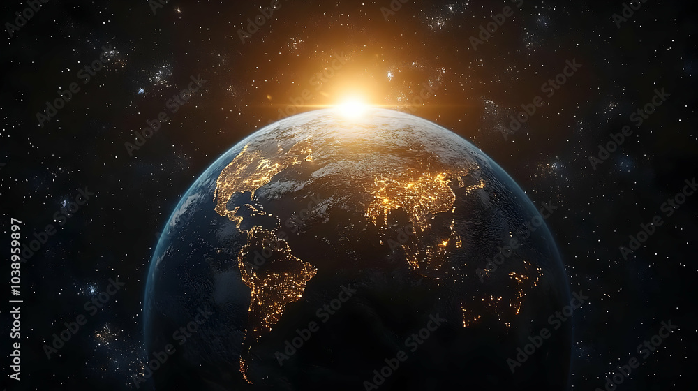 Obraz premium Earth From Space 3D Illustration with Sunrise and Stars