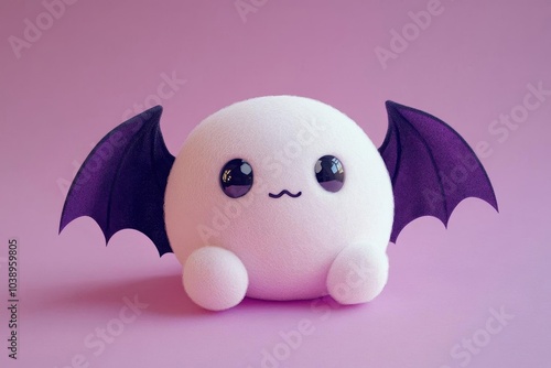 Chubby ghost with bat wings, pastel purple background, cute Halloween theme, floating gracefully through the spooky night air. photo