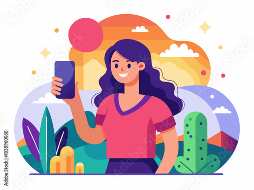 Young woman taking a selfie in a picturesque landscape with vibrant flora and a colorful sky during a sunny day