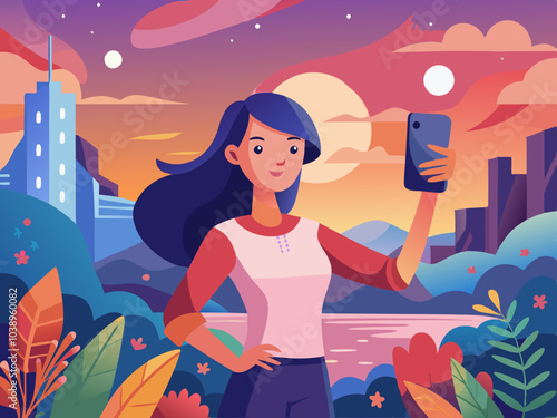 A young woman takes a selfie at sunset by the lake with vibrant city skyline in the background