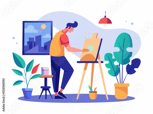An artist creates a vibrant painting in a cozy studio filled with plants and natural light during the afternoon