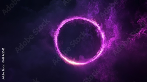 Plakat w ramie Glowing purple neon circle. Dark background