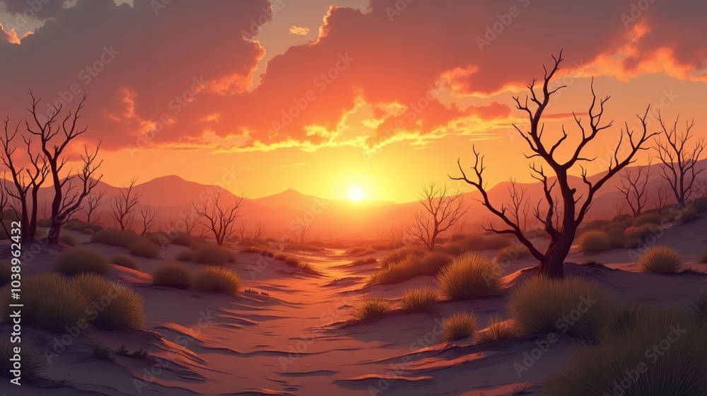 Fototapeta premium Illustration of a Parched Landscape with Dying Plants and Smog-Filled Skies, Depicting the Harsh Realities of Climate Change
