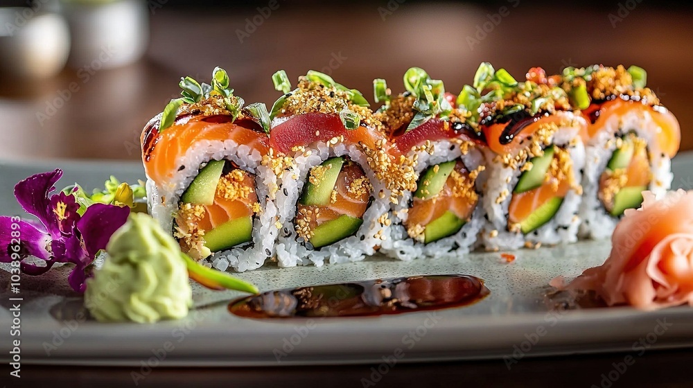 A sushi plate topped with avocado, cucumber, and sesame seeds A sushi plate topped with avocado, cucumber, and sesame seeds