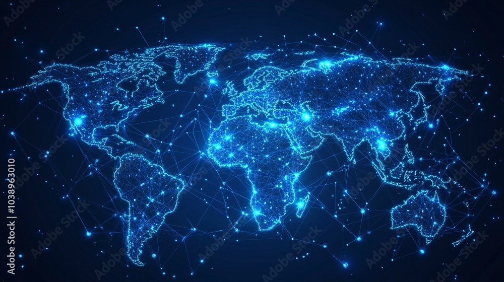 A digital map of the world illuminated with glowing lines and nodes representing global connectivity A digital map of the world illuminated with glowing lines and nodes representing global connectivity
