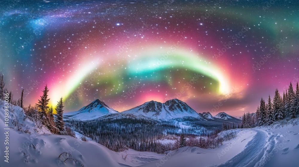 Aurora Borealis over Snowy Mountains Aurora Borealis over Snowy Mountains