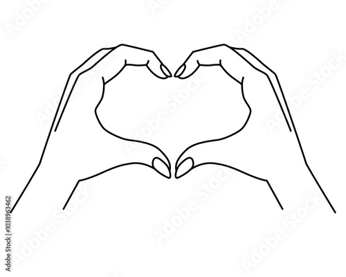 Hands show gesture - heart - vector linear illustration with editable outline. Heart sign shown by hands. Female hands with a manicure for coloring. Outline.	