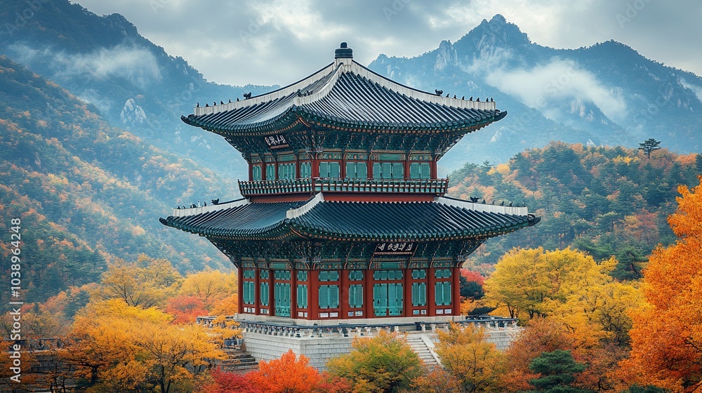 A traditional Korean pavilion stands amidst vibrant autumn foliage, with majestic mountains in the background.