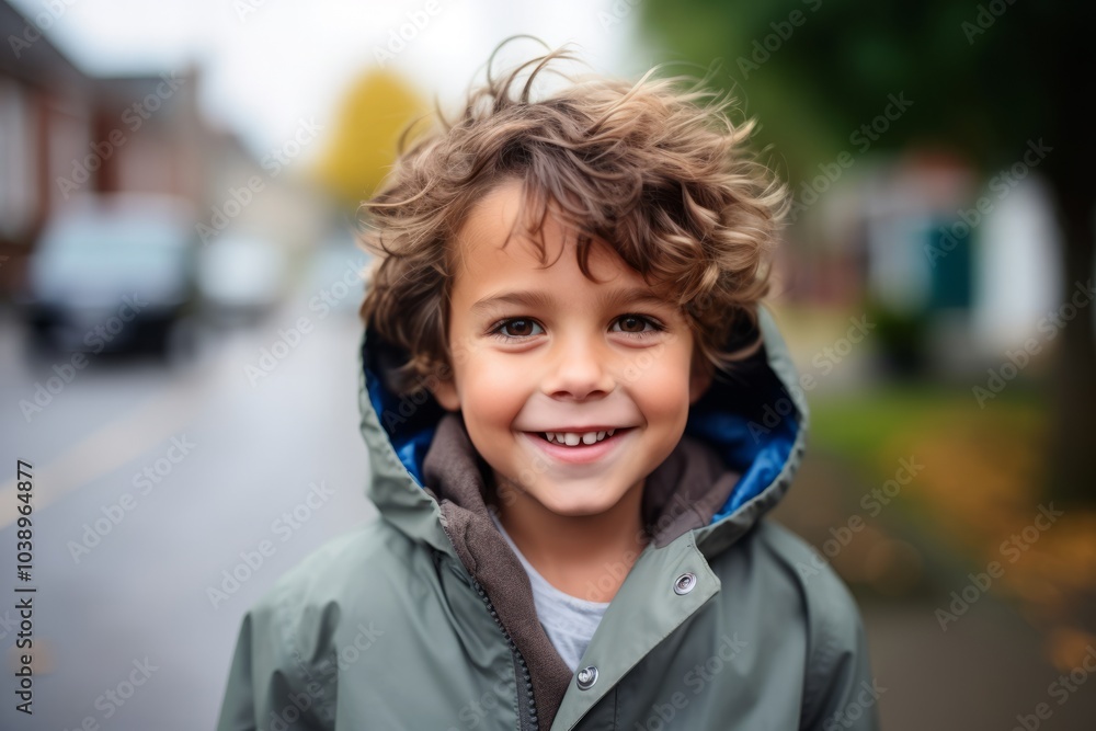 Portrait of a smiling little boy in a jacket on the street Portrait of a smiling little boy in a jacket on the street