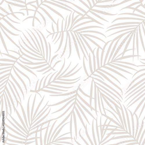 Palm leaf pattern. Beige silhouettes on transparent background. Vector seamless botanical ornament. Minimal pattern with tropicals plants, leaves. Simple modern floral texture. Repeated design