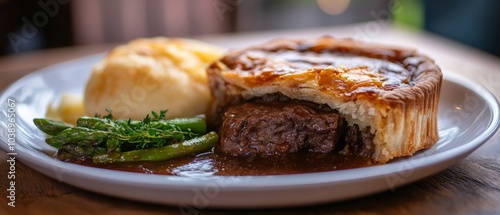 A delicious looking beef pot pie with a flaky crust, served with mashed potatoes, asparagus, and a rich gravy.