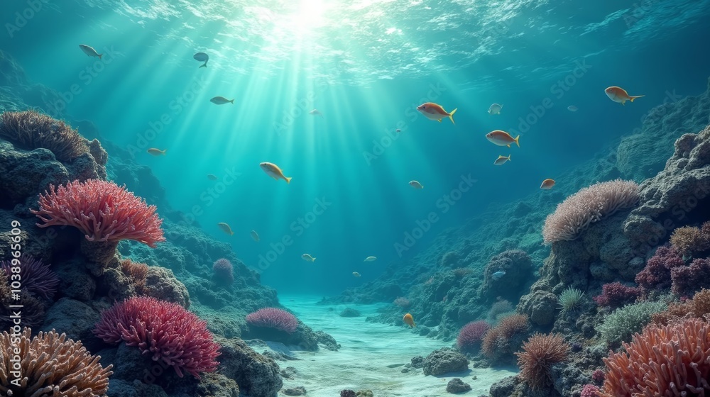 Naklejka premium Detailed Depiction of Underwater Coral Bleaching and Marine Life Struggling Amid Climate Change