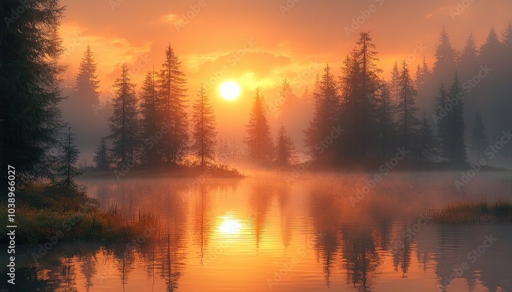 Misty Sunrise Over a Tranquil Lake with Silhouetted Pine Trees Misty Sunrise Over a Tranquil Lake with Silhouetted Pine Trees