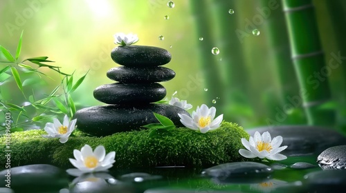 Zen Garden with Stacked Black Stones, Moss, and White Flowers in a Peaceful Nature Setting