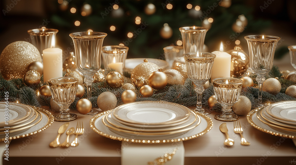 Elegant Table Setting with Golden Christmas Ornaments and Glassware, Creating a Luxurious Holiday Atmosphere Elegant Table Setting with Golden Christmas Ornaments and Glassware, Creating a Luxurious Holiday Atmosphere