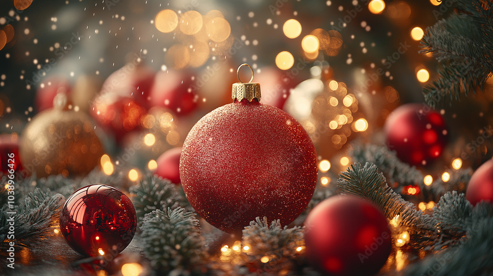 Close-Up of Red Christmas Ornaments, Pine Cones, and Golden Baubles, Surrounded by Festive Lights Close-Up of Red Christmas Ornaments, Pine Cones, and Golden Baubles, Surrounded by Festive Lights
