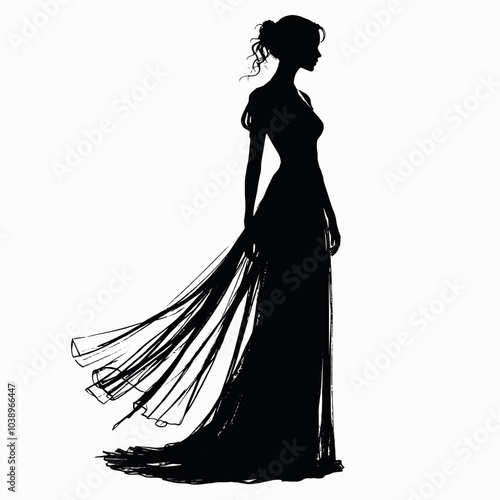 A silhouette of a woman wearing a long dress or gown with puffed sleeves isolated white background
