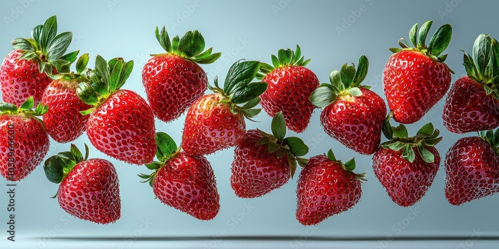 Close-up of Fresh Red Strawberries with Green Leaves in Mid-Air Close-up of Fresh Red Strawberries with Green Leaves in Mid-Air