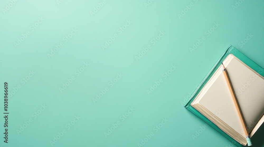 Minimalist Desk Setup with Blank Notebook and Pencil on a Teal Background, Ready for Ideas and Inspiration. Minimalist Desk Setup with Blank Notebook and Pencil on a Teal Background, Ready for Ideas and Inspiration.
