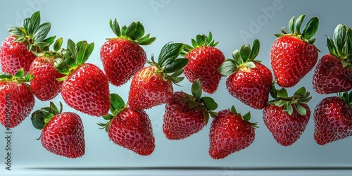 Close-up of Fresh Red Strawberries with Green Leaves in Mid-Air