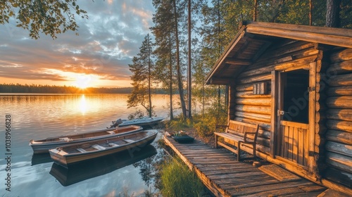 Classical log cabin. Fishing boats moored outside a lakeside Finnish sauna. Summertime scenery