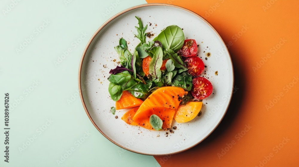 A colorful salad with fresh greens, tomatoes, and papaya slices, arranged on a white plate against a green and orange backdrop. A colorful salad with fresh greens, tomatoes, and papaya slices, arranged on a white plate against a green and orange backdrop.
