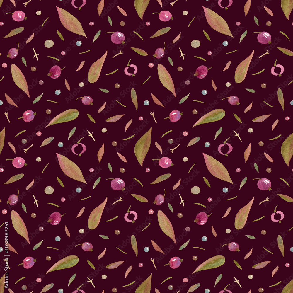 Seamless watercolor pattern with plant motifs of leaves, berries and twigs on a burgundy background. Botanical texture for fabric, wrapping paper, packaging, backgrounds, wallpapers, stationery. Seamless watercolor pattern with plant motifs of leaves, berries and twigs on a burgundy background. Botanical texture for fabric, wrapping paper, packaging, backgrounds, wallpapers, stationery.