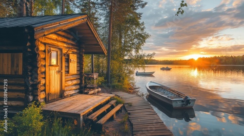 Classical log cabin. Fishing boats moored outside a lakeside Finnish sauna. Summertime scenery