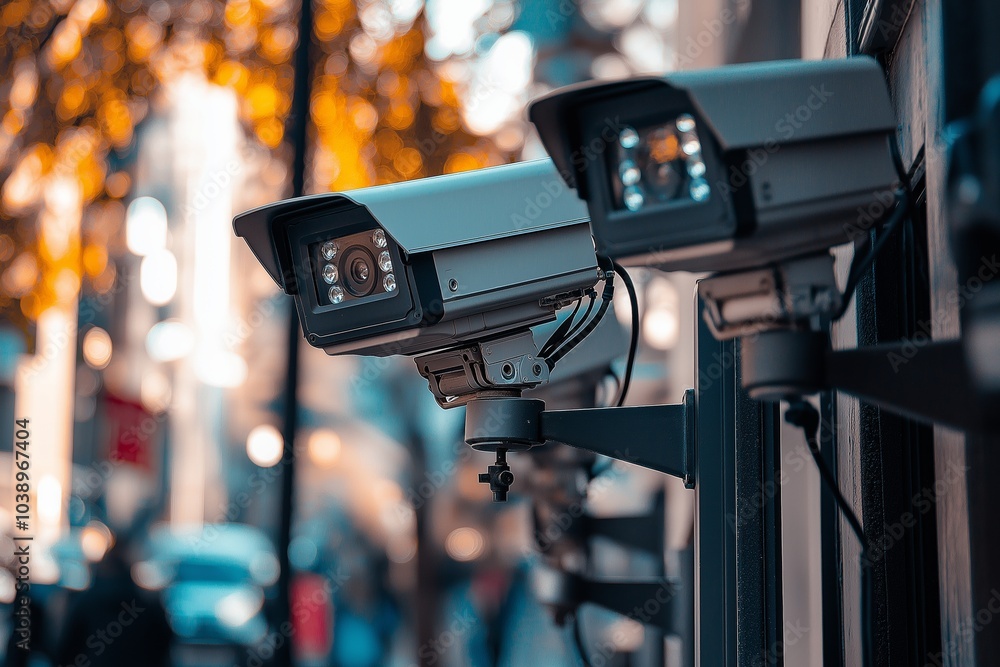 Two surveillance cameras positioned with blurred cityscape suggest themes of security, privacy in modern life. Two surveillance cameras positioned with blurred cityscape suggest themes of security, privacy in modern life.