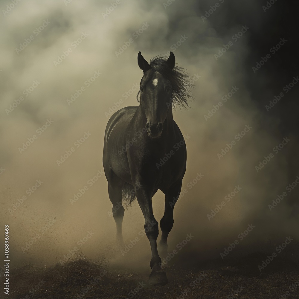 A powerful black horse charges forward, enveloped by thick smoke, exuding strength and mystery. A powerful black horse charges forward, enveloped by thick smoke, exuding strength and mystery.