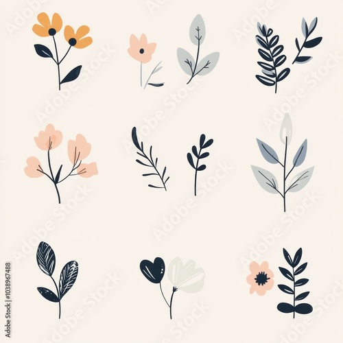 Softly colored doodles of various flowers and leaves create a minimalist design that emphasizes a natural and creative expression. Generative AI