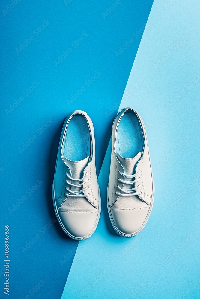 A pair of white sneakers placed on a split blue backdrop for contrast. A pair of white sneakers placed on a split blue backdrop for contrast.