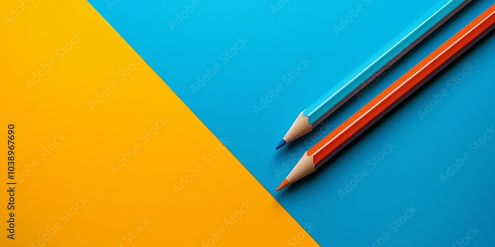 Two colored pencils, crossing on a vibrant surface, form a playful and modern artistic representation of creativity. Two colored pencils, crossing on a vibrant surface, form a playful and modern artistic representation of creativity.