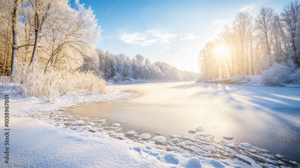 Snowy Winter Landscape with Frozen Lake and Sunlight Snowy Winter Landscape with Frozen Lake and Sunlight