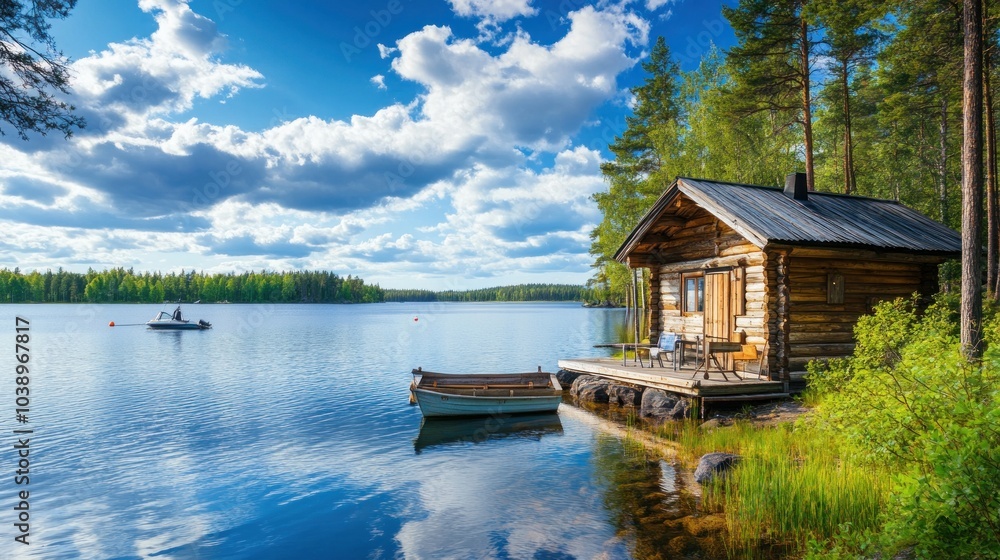 Obraz premium Classical log cabin. Fishing boats moored outside a lakeside Finnish sauna. Summertime scenery