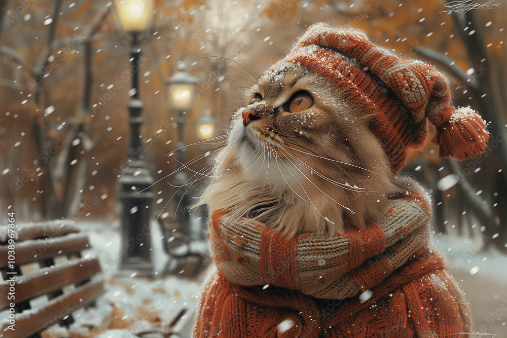 Cute cartoon cat walks in park. Cute cartoon cat walks in park.
