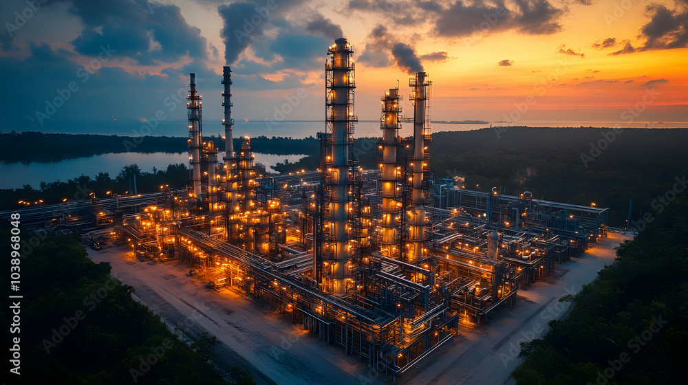 Fototapeta premium Industrial Complex at Sunset - Aerial View