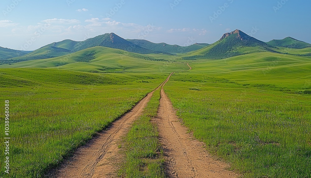 Naklejka premium Winding Dirt Road Through Lush Green Valley and Hills