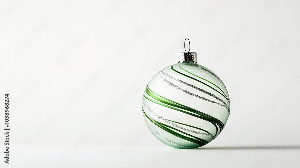 A green and white striped Christmas ornament on a white background, allowing space for text below A green and white striped Christmas ornament on a white background, allowing space for text below