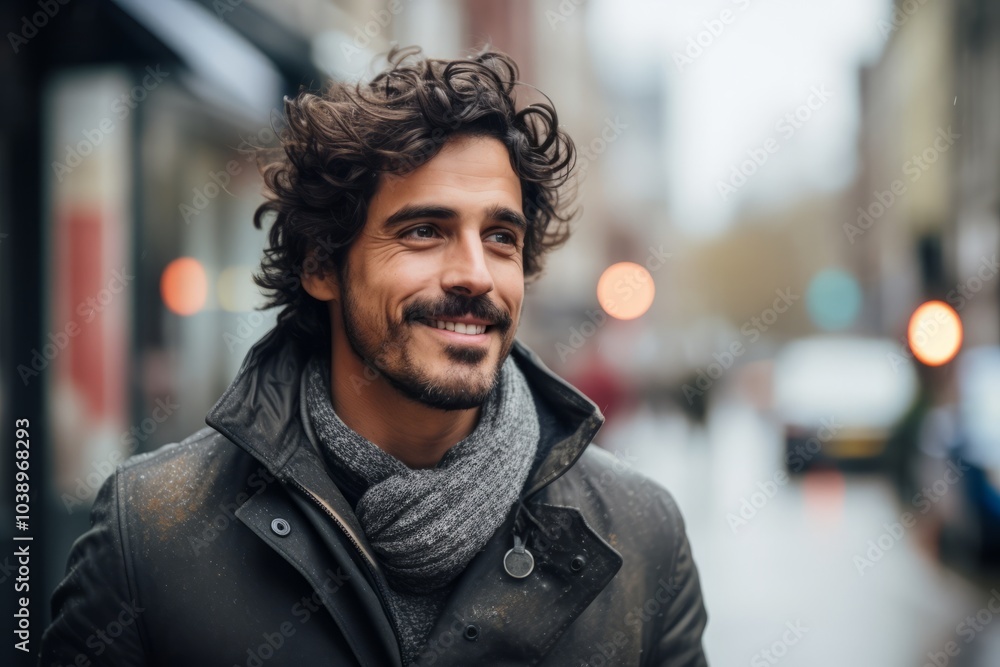 Portrait of a handsome young man with curly hair in the city Portrait of a handsome young man with curly hair in the city