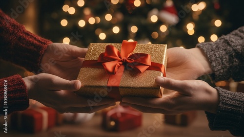 two pairs of hands exchanging a wrapped Christmas gift outdoors during the day. The hands giving the gift are delicately offering a beautifully wrapped present with red and gold wrapping paper and a f photo