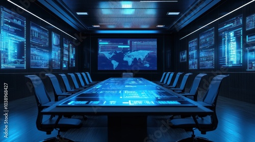 Futuristic Conference Room with Interactive Table and Wall Screens Displaying Global Data.