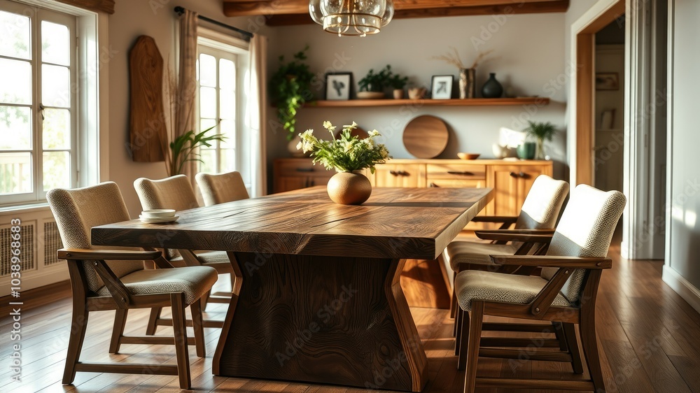 Candid Photography of Wooden Dining Table and Chairs in Organic Home for Interior Design Inspiration Candid Photography of Wooden Dining Table and Chairs in Organic Home for Interior Design Inspiration