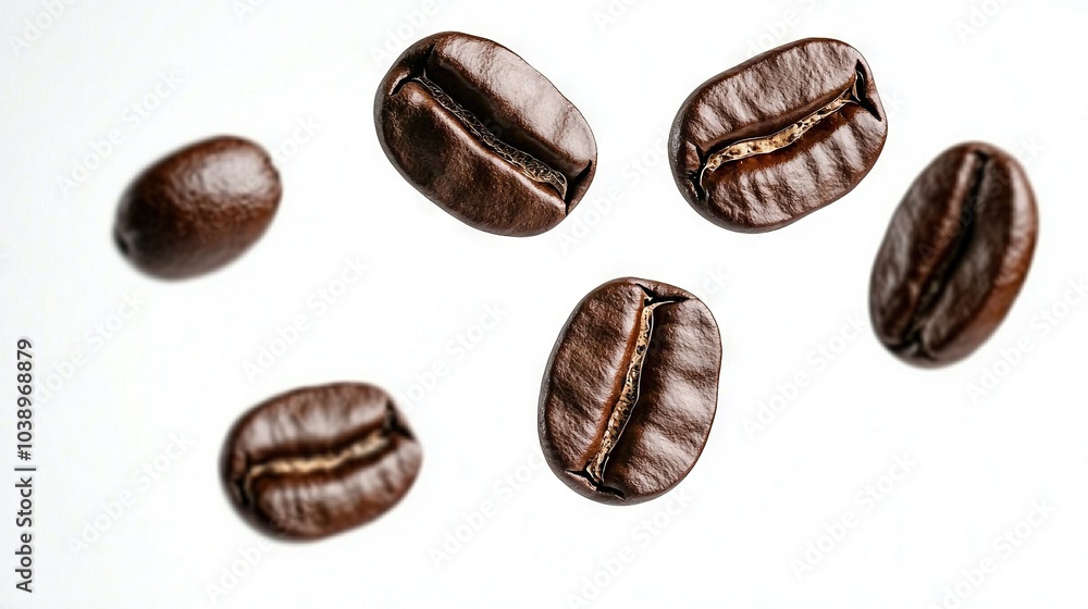 Coffee beans in row on white surface, center hole Coffee beans in row on white surface, center hole
